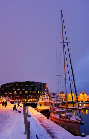 Sailboats moored at harbor against clear sky during winter