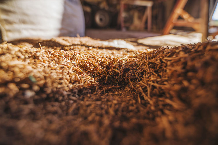 Close-up of wood chips at workshop