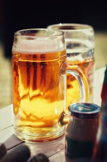 Close-up of beer in glass on table