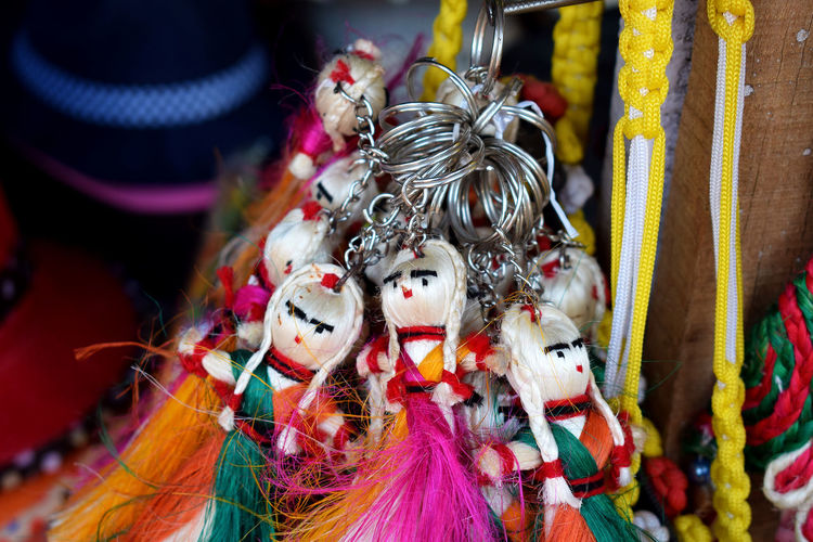 Beautiful little key chains made with jute, colorful doll key chains, digha, west bengal, india.