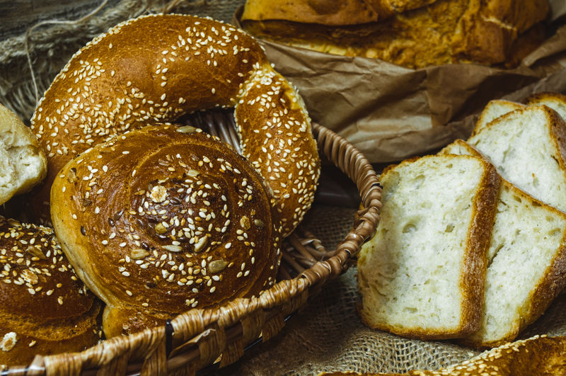 High angle view of bread in basket
