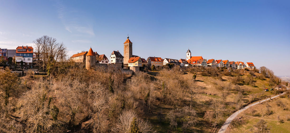 Aerial view of the historic old town of waldenburg in hohenlohe with the church and lachner tower