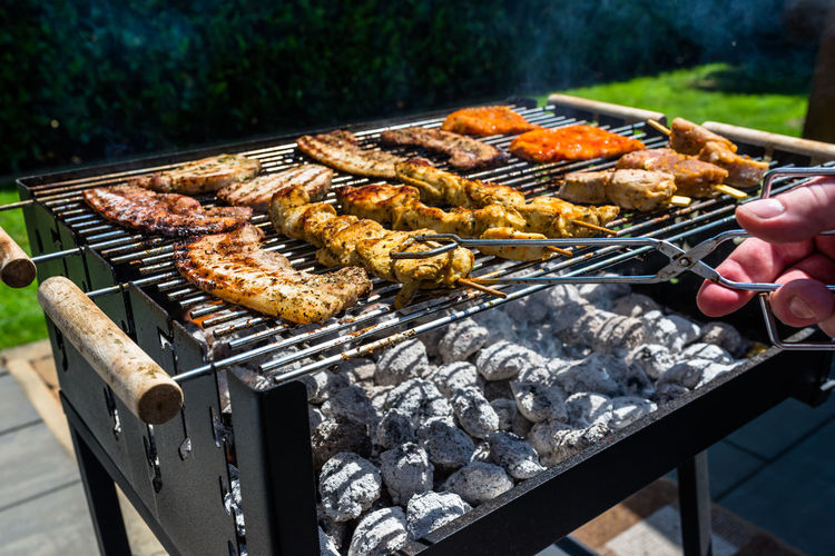 Different types of meat fried on the home grill, standing on a home garden on the paving stone.