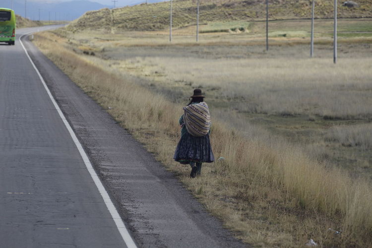 Rear view of woman walking on grassy field by road