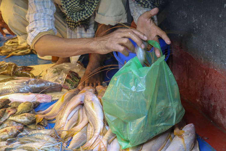 People in fish for sale at market