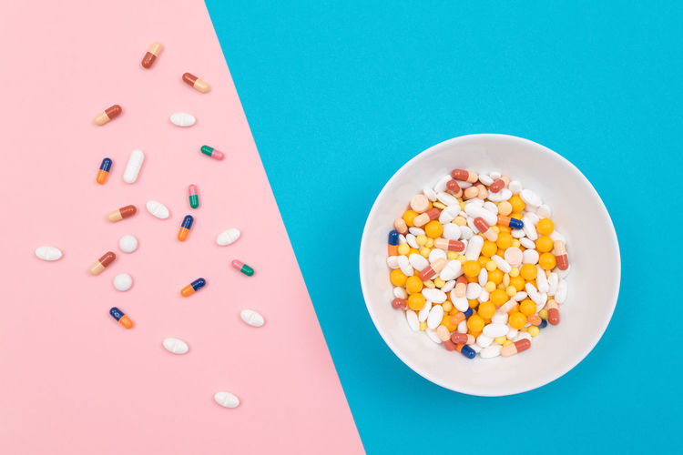 Pharmaceutical industry and medicinal products - colored pills in white dish