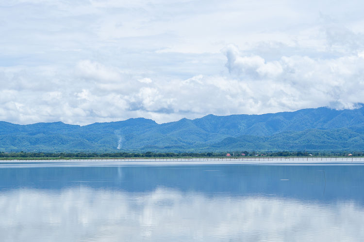 Scenic view of lake and mountains against sky