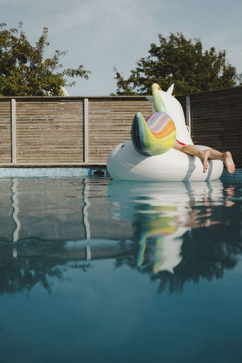Inflatable unicorn in swimming-pool