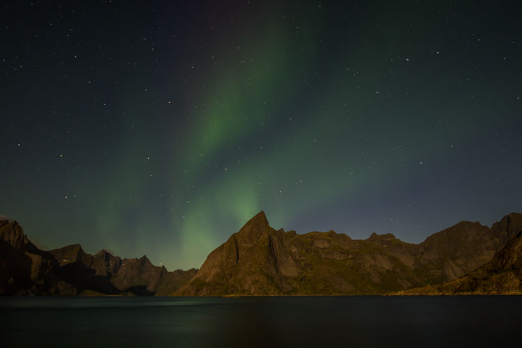 Scenic view of mountains against sky at night