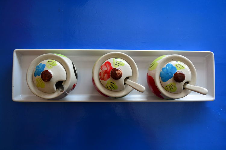 High angle view of dessert served on table