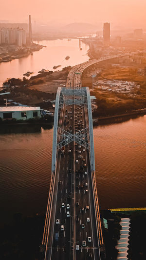 AERIAL VIEW OF CITY AT SUNSET