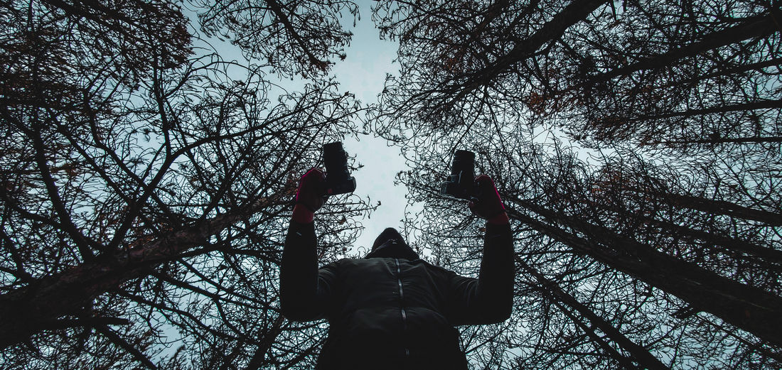 Low angle view of man standing by tree against sky