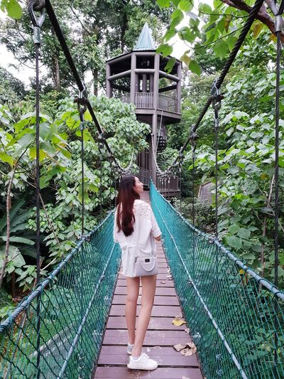 Woman standing on footbridge amidst trees