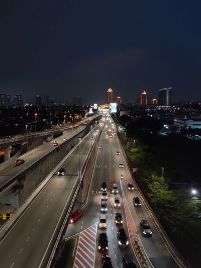 High angle view of highway at night