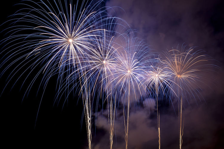 Low angle view of firework display at night