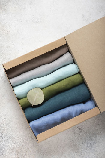 High angle view of clothes in box