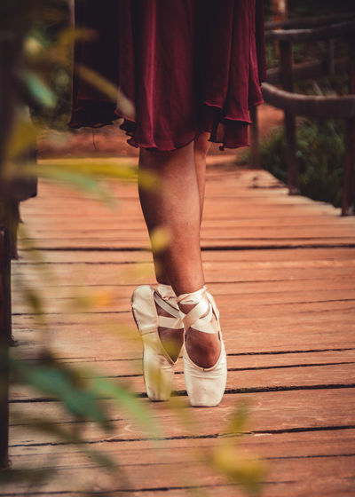 Low section of woman wearing ballet shoe standing on footbridge