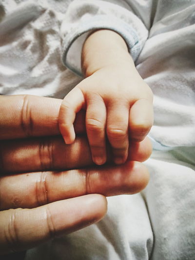 Close-up of baby hand holding mother hand