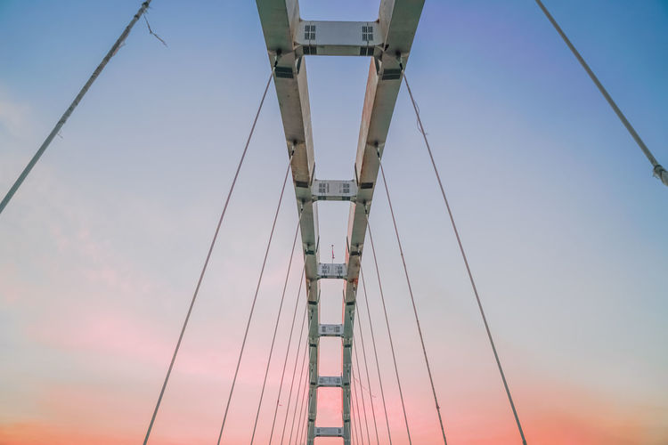 Low angle view of suspension bridge against sky during sunset