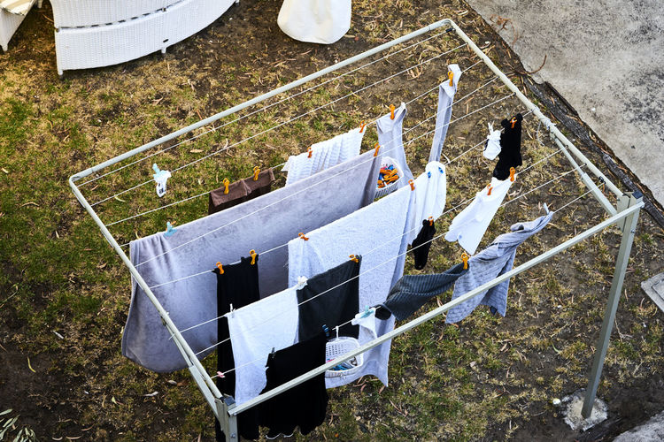 High angle view of clothes drying on clotheslines