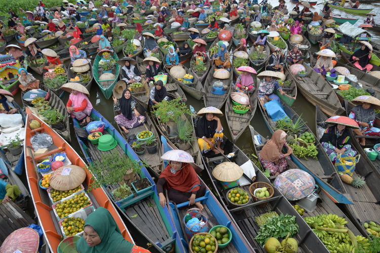 High angle view of people at floating market