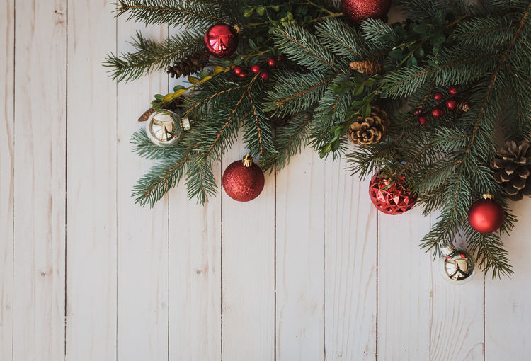 Christmas greenery and decorations against rustic white wood backdrop.