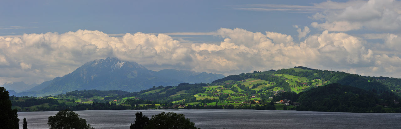 Panoramic view of lake zug and mountains against sky