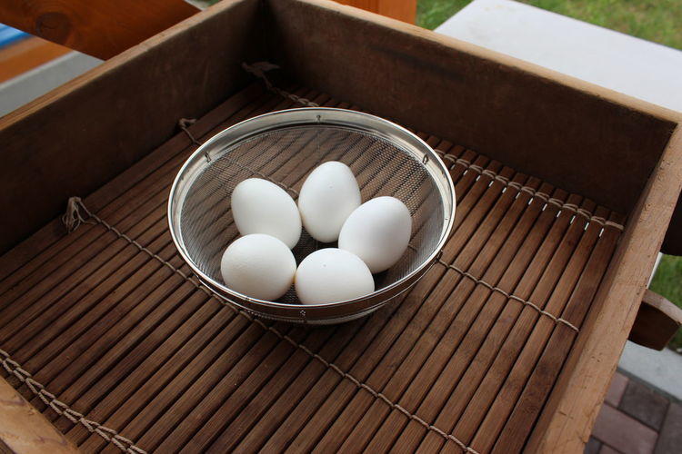 High angle view of eggs in bowl on table