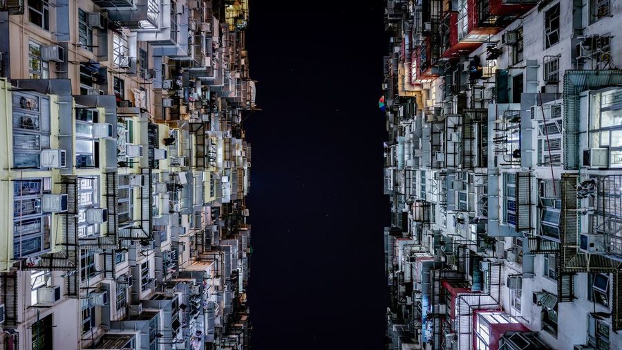 Directly below shot of buildings at night