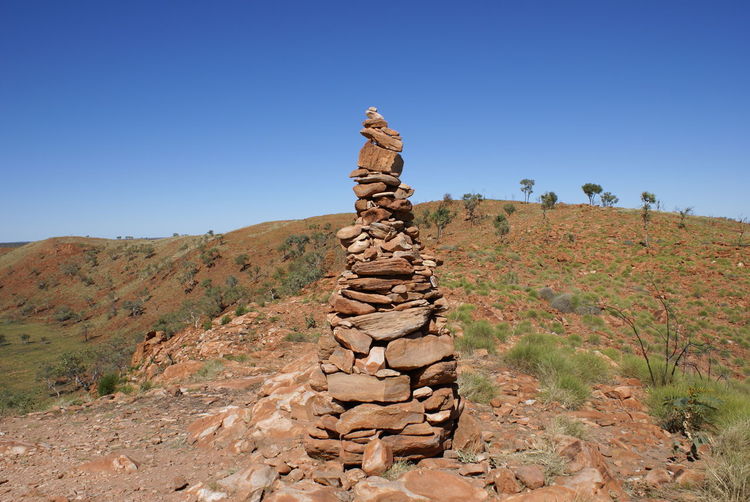 Stack of rocks against clear blue sky