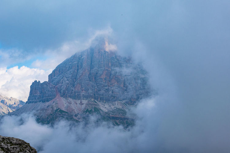 Scenic view of mountains against cloudy sky