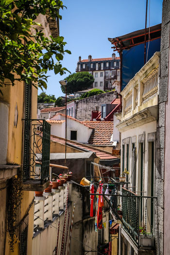 Low angle view of buildings against clear sky