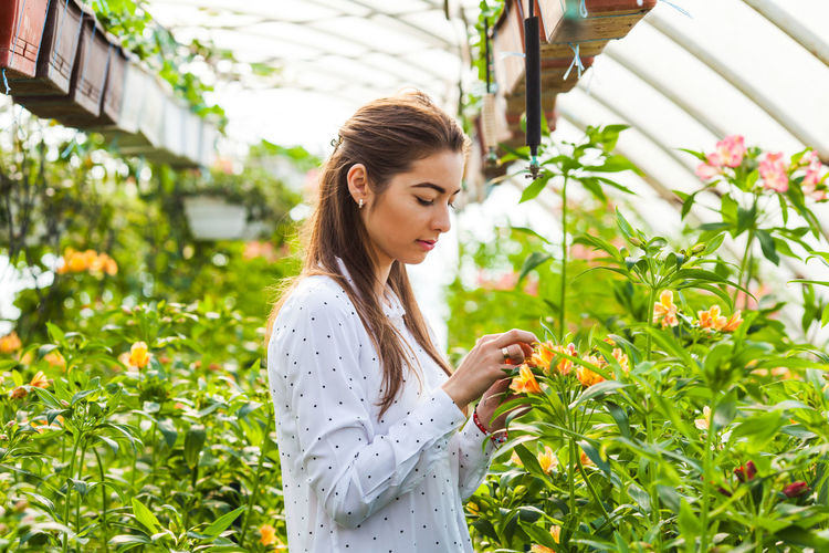 Young woman touching flowers at green house