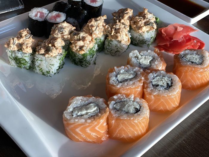 High angle view of sushi served in plate
