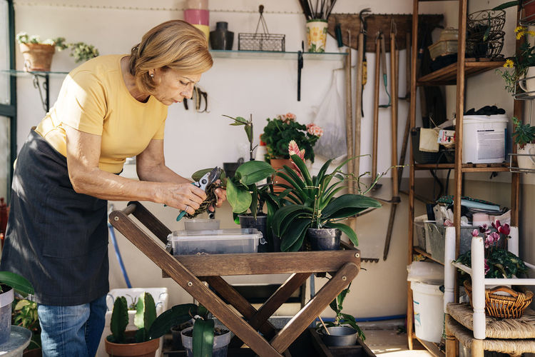 Senior woman pruning plants at shed