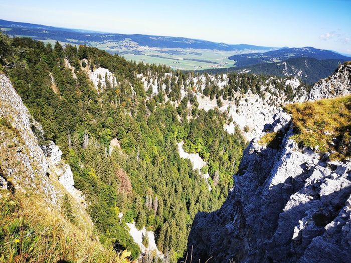 High angle view of rocks and mountains against sky