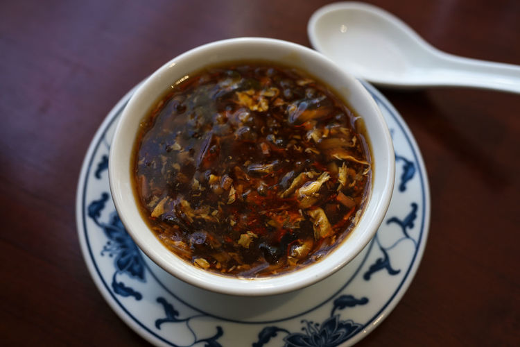 High angle view of food in bowl on table