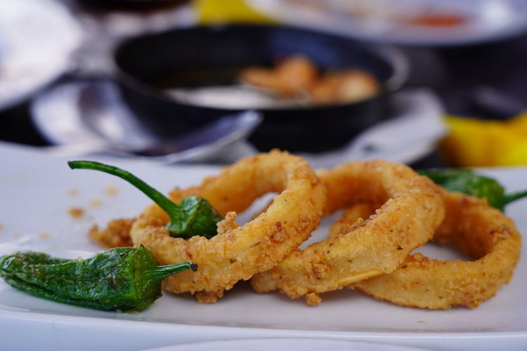 Calamari rings served with green peppers, typical canarian food, tenerife, canary islands