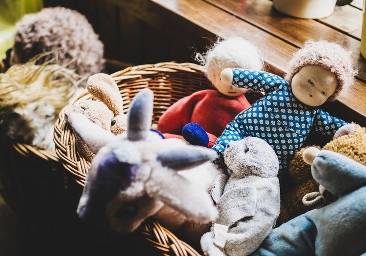 Stuffed toys in basket