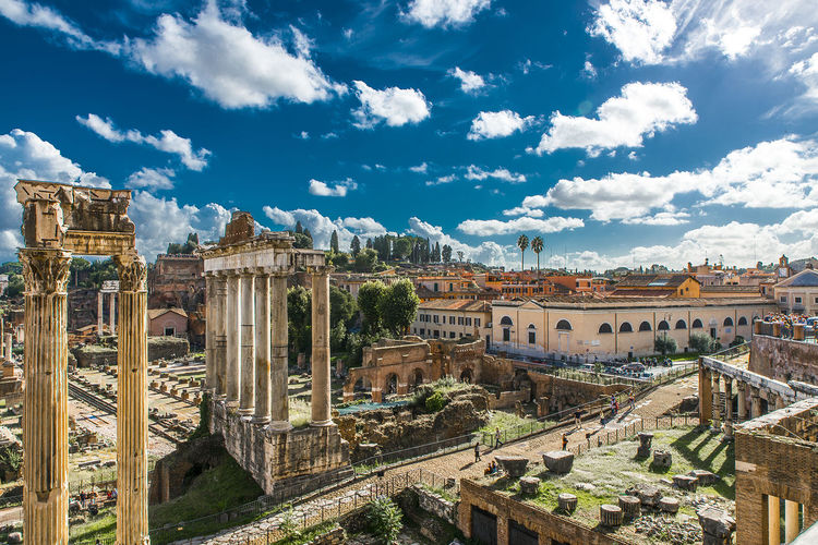 High angle view of roman forum against sky