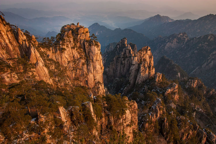 High angle view of mountain range during sunset