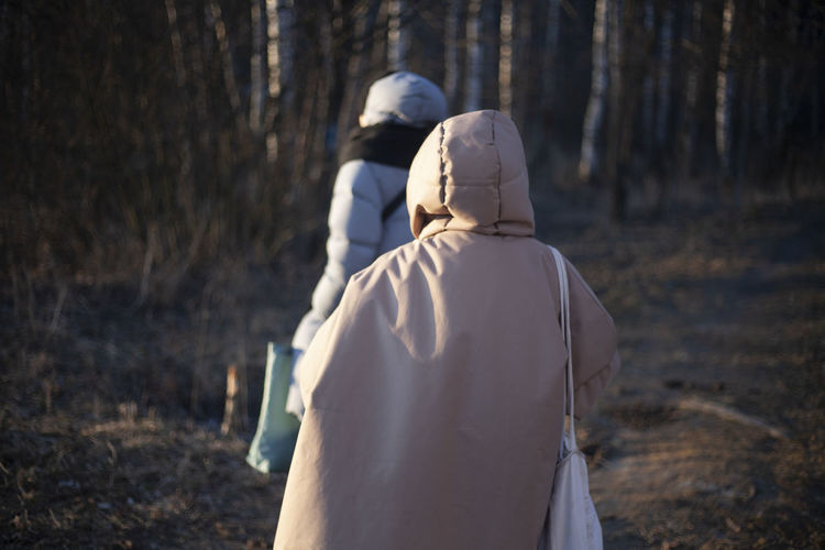 Rear view of people walking in forest