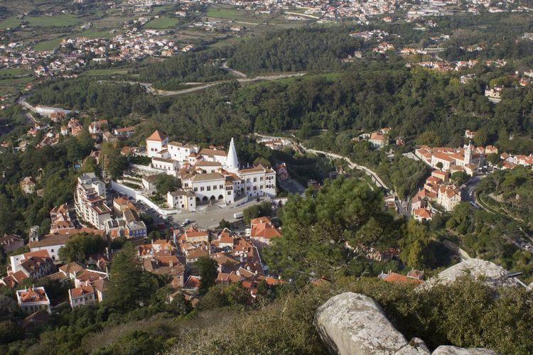 View from the top of the hill of sintra national palace and city in portugal