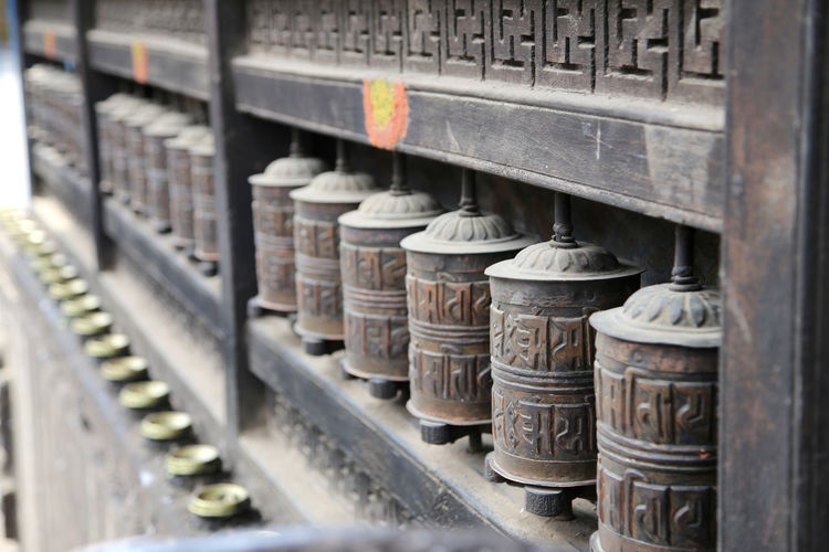 Prayer wheels at buddhist temple