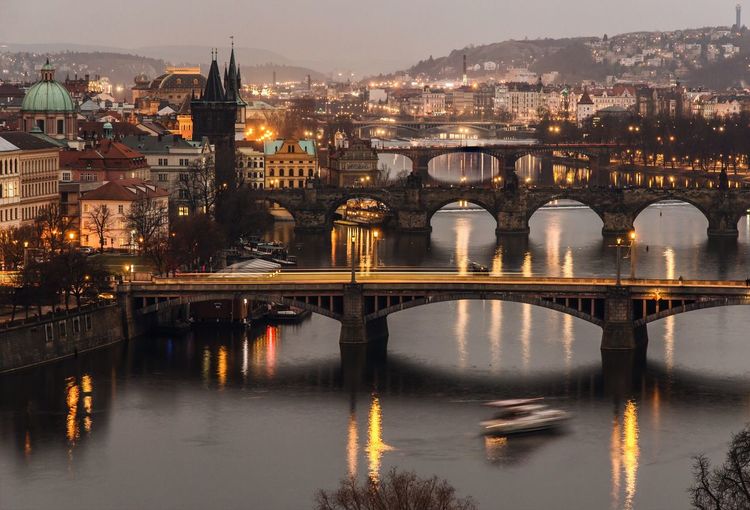High angle view of charles bridge at dusk