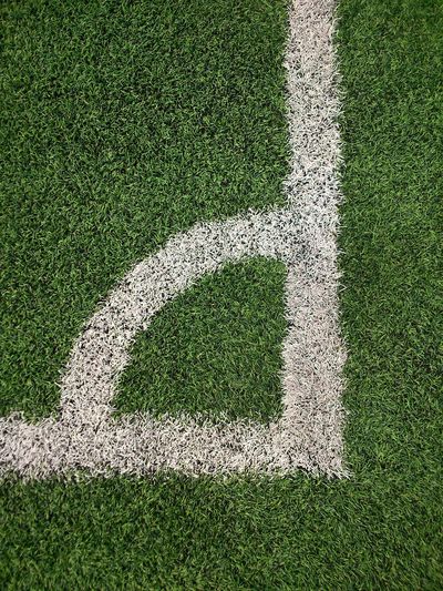 High angle view of corner marking on soccer field
