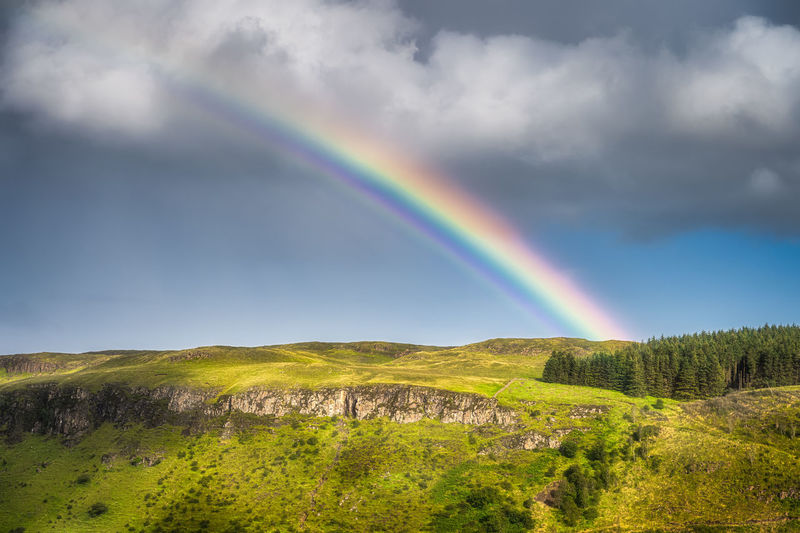 Rainbow arching over hills and forests covered in patches of sunlight, glenariff forest park