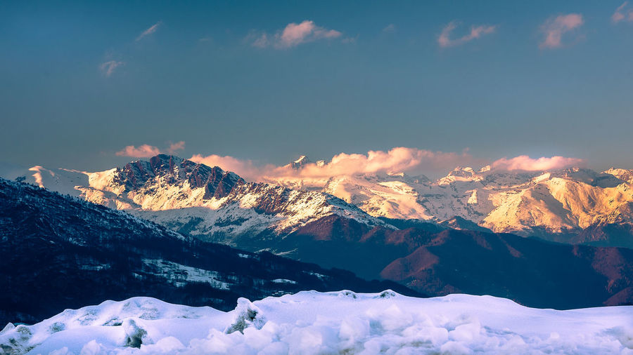 Scenic view of snowcapped mountains against sky