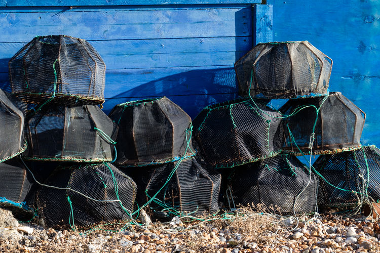 View of some lobster pots on the beach in worthing west sussex on november 13, 2018
