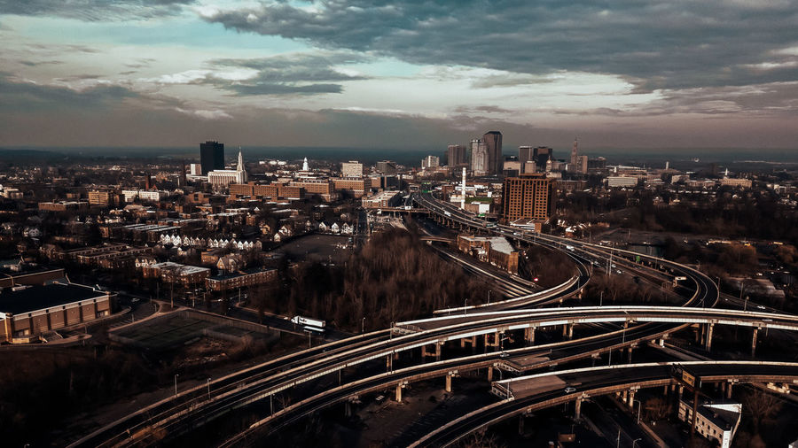 High angle view of highway amidst buildings in city
